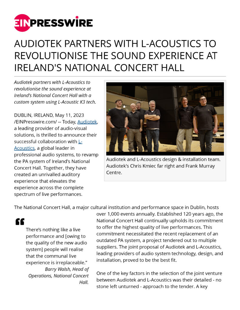 Audiotek and L-Acoustics transform audio at The National Concert Hall in Dublin, Ireland