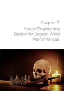 chapter 7 sound engineering design for spoken word performances, with a moody picture of the props from Hamlet (skull, crown, dagger) with a candle in the background