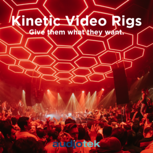 Main dance floor at Pacha Ibiza, with party goers and the kinetic video ceiling rig in full view. The words say ‘kinetic video rigs. Give them what they want.’ Suggesting that this type of installation is what night club guests want. Audiotek branding.